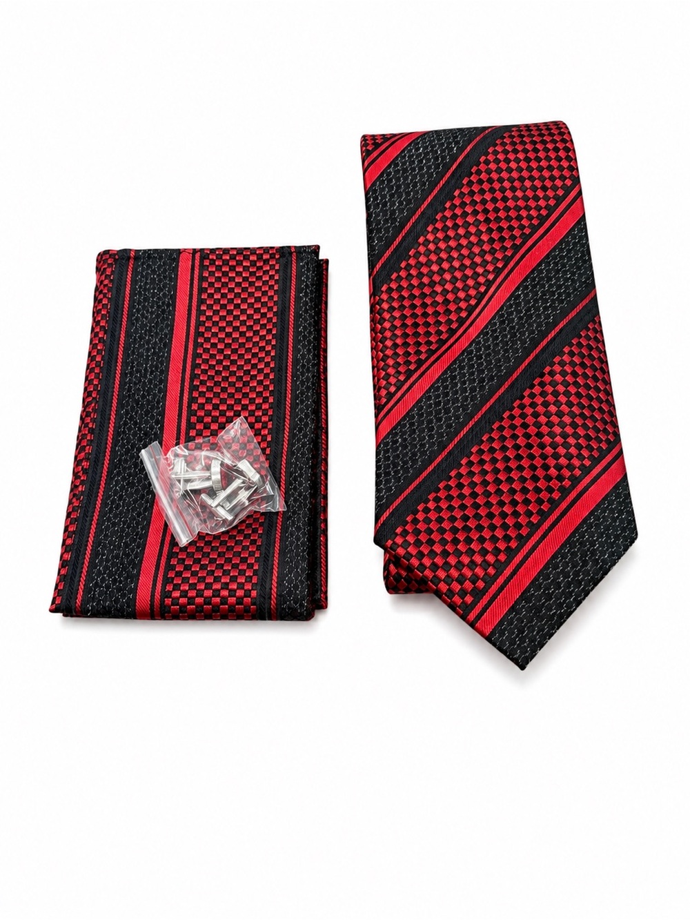 Red and Black Striped Men’s Tie Set with Bow tie and  Cuff Links